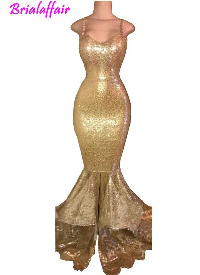 

2018 New Design Sparkly Gold Sequins Spaghetti Open Back Ruffles Sweep Train Evening Gowns Pageant Mermaid Formal Prom Dress