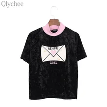 Qlychee Harajuku Punk Women T-shirt Heart Letter Embroidey Turtleneck Tee Top Short Sleeve Loose Lady T Shirt