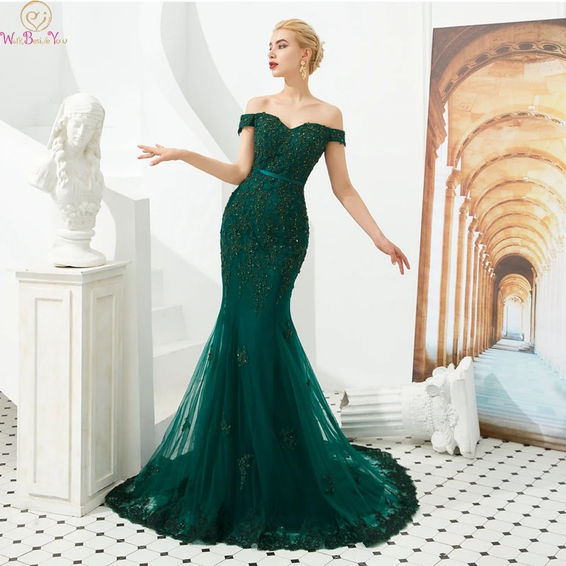 

Hunter Green Mermaid Evening Dresses 2019 Boat Neck Appliques Lace Beading Formal Party Elegant Off Shoulder Long robe de soiree