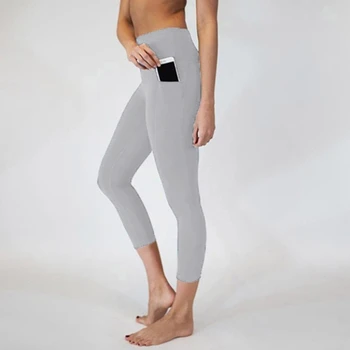 

2019 High Waist Solid Color Pocket Pants Ankle Length Fitness Pants Slim Workout Leggings Elasticity Slim Push Up Female Legging