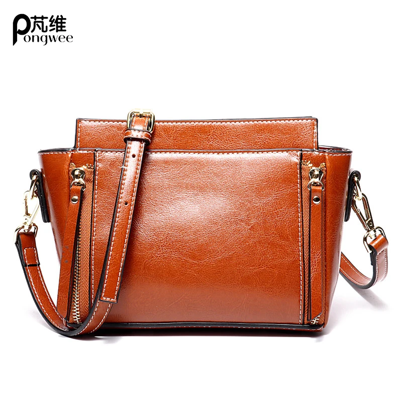 

PONGWEE Oil wax leather handbag 2018 new simple white leather bag ladies portable Messenger shoulder bag