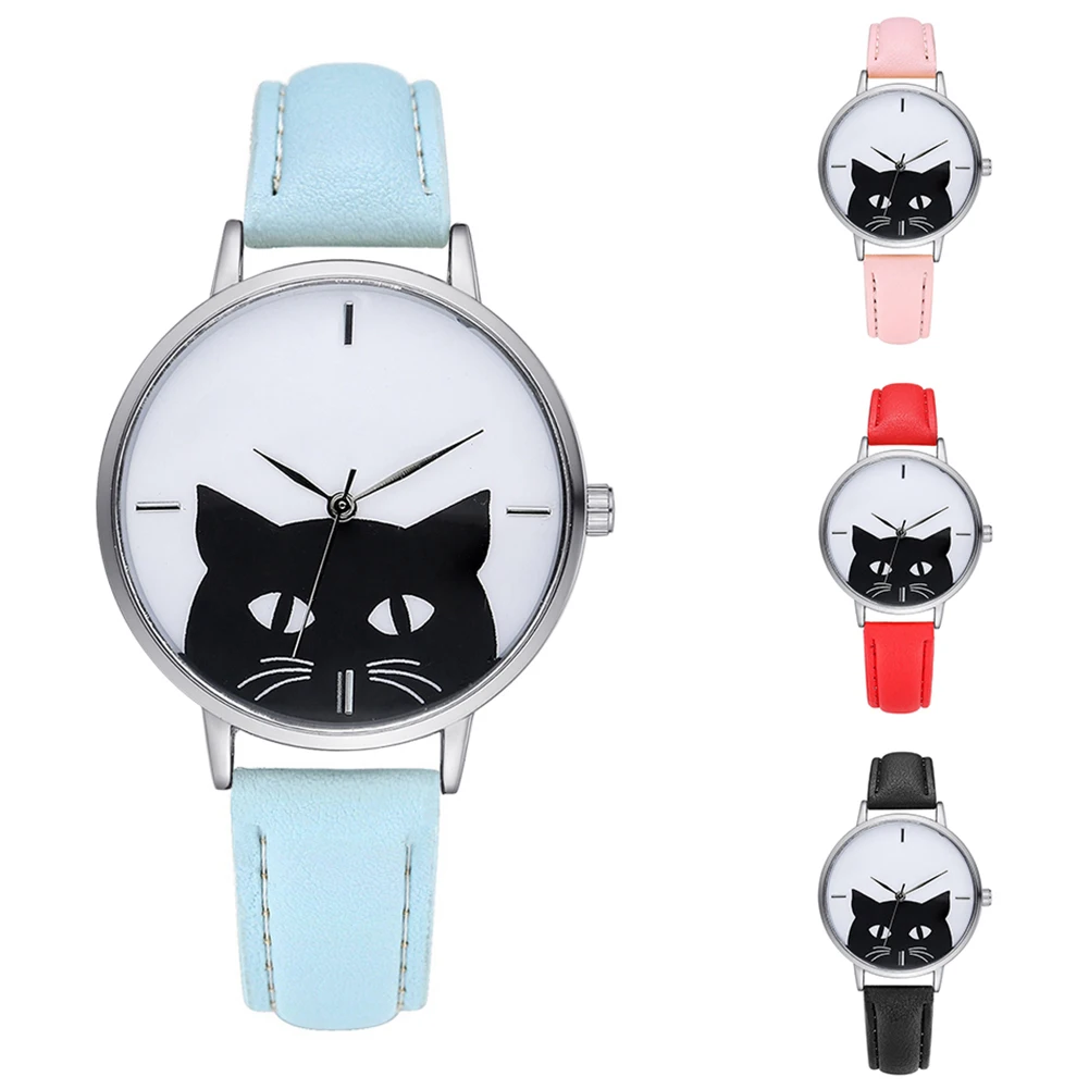 

Women Fashion Faux Leather Band Cartoon Cat Dial Analog Quartz Wrist Watch
