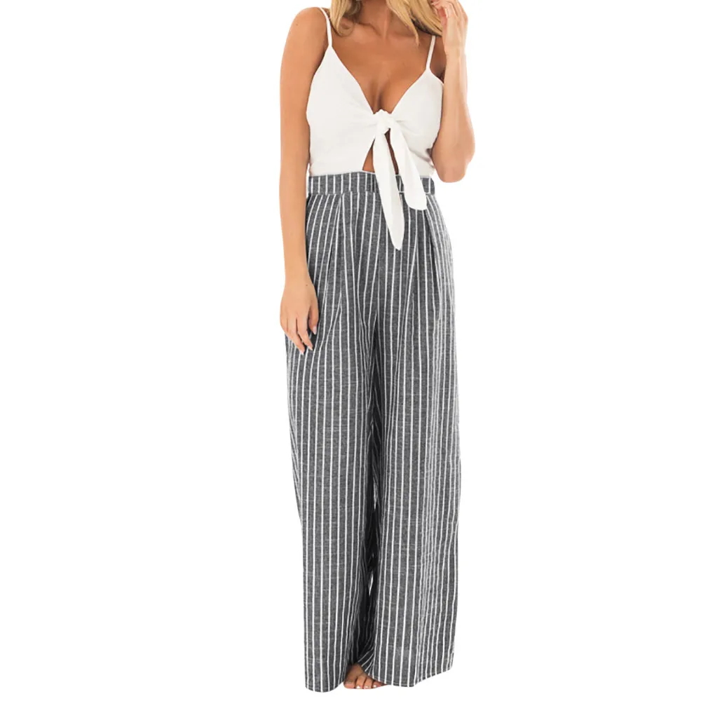 

Free Ostrich 2019 Summer hot sale Women Bowknot Sleeveless Striped Print Jumpsuit Casual Clubwear Wide Leg Pants NEW D1135