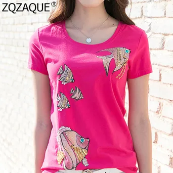 

2018 Hot Sale Women Sweet Cute Summer T-shirt Good Quality Beading Diamonds Fishes Pattern O-neck Tops Girls Nice Tees SY1636