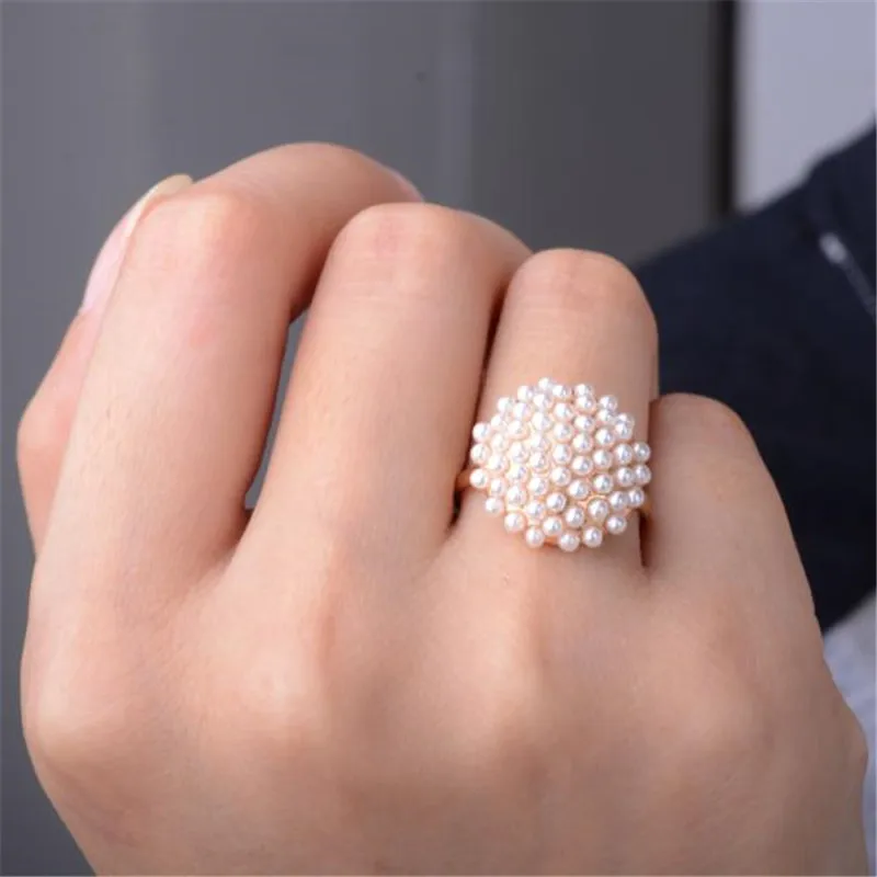 

imixlot Romantic Trendy Gold Color Simulated Pearl Round Shaped Rings For Women Engagement Wedding Jewelry Gift Accessories