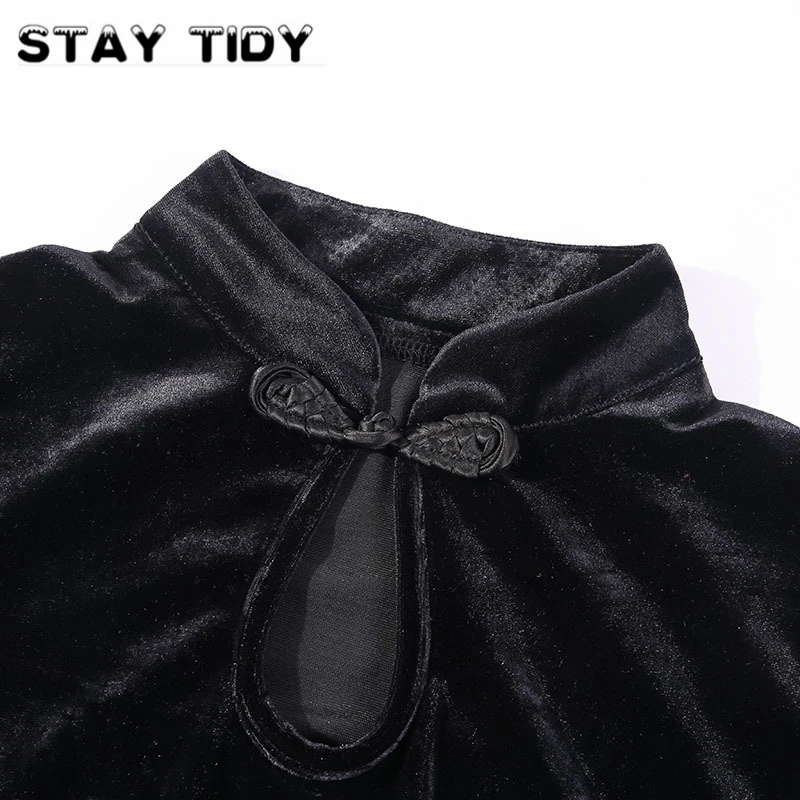 Женское платье Чонсам STAYTIDY черное бархатное мини с коротким рукавом и воротником
