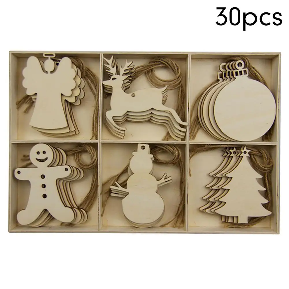

30Pcs/pack Wooden Christmas Tree Decorations 6 Style Wooden Ball Deer Pendant Snowman Angle Snowflake Elk Drop Xmas Ornaments