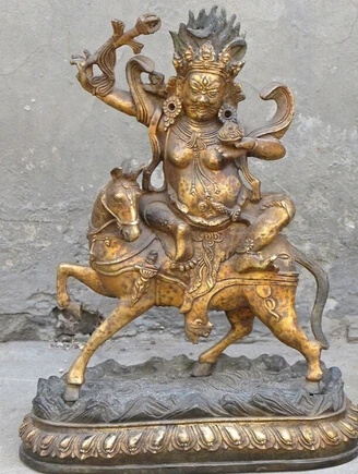 

0 12"Tibet Bronze gilded Palden Lhamo Kwan-yin Avalokitesvara ride donkey Statue