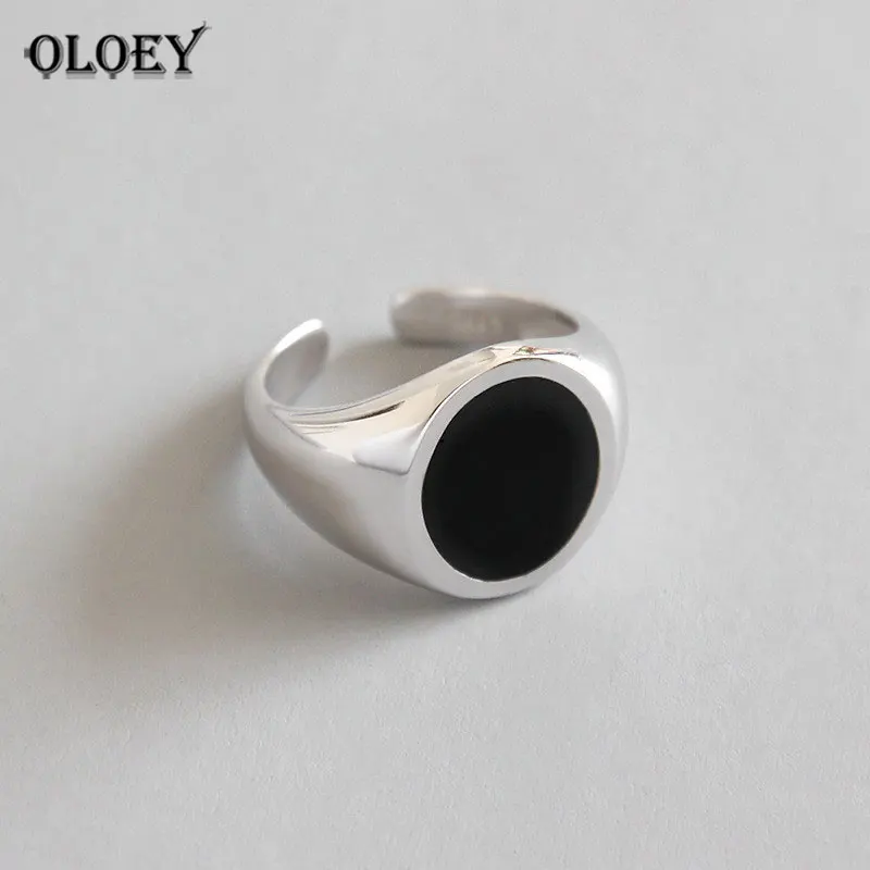 

OLOEY 100% Real 925 Sterling Silver Opening Ring for Women Black Epoxy Adjustable Finger Rings Fine Party Jewelry Gifts YMR026