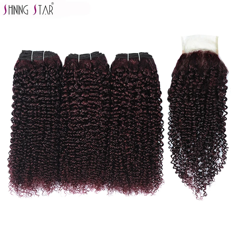 

Dark Purple Red Brazilian Kinky Curly 3 Bundles With Closure Colored Human Hair Burgundy Bundle With Closure Noremy Shiningstar