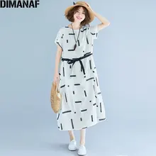 Женское льняное платье свободного кроя DIMANAF длинное с поясом