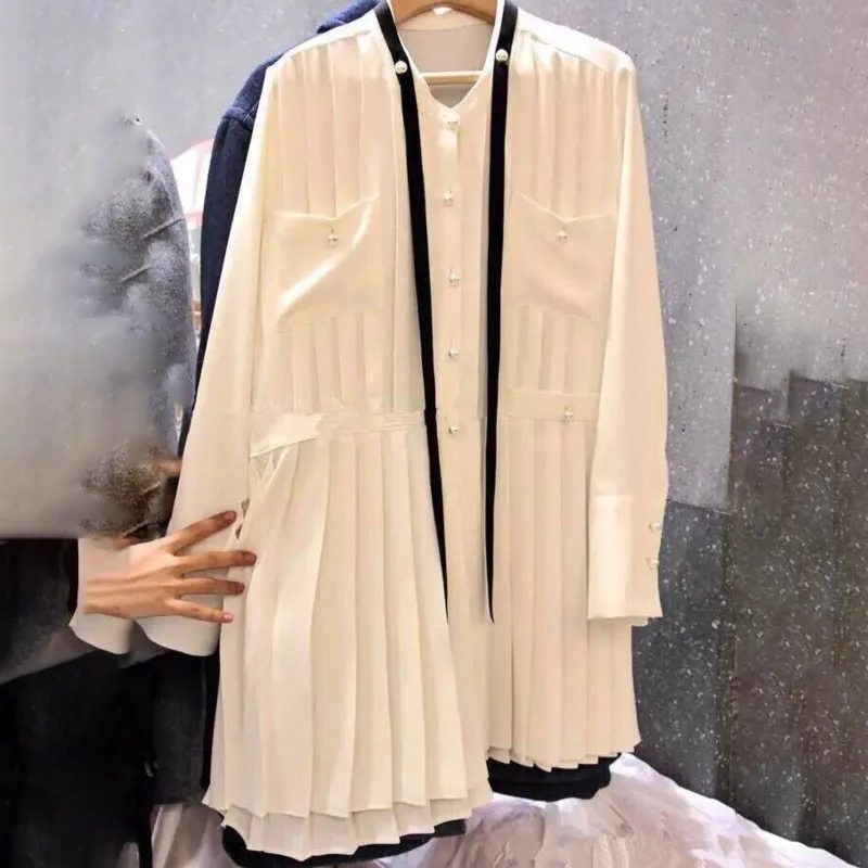 

[EWQ]2020 Spring New Sweet High Quality Pearl Button Long-sleeved Stand Pleated Stitching Pocket Fashion Women Summer DressQF826