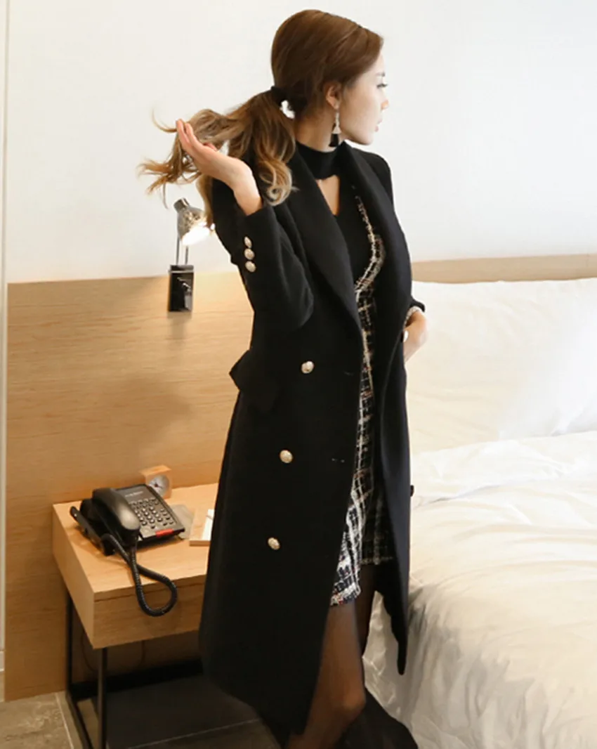HAMALIEL, зимняя женская черная твидовая верхняя одежда, модная двубортная накидка с длинным рукавом, 2 предмета, шерстяное пальто с отложным воротником