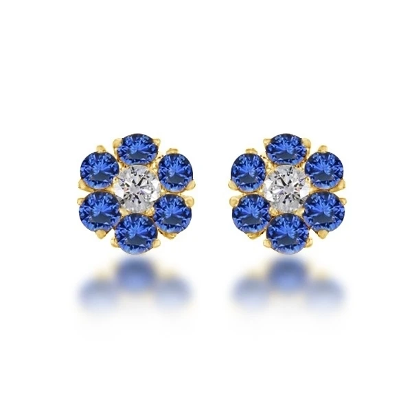 1.91Ct Round Cut Blue Sapphire & Diamond Flower Cluster Earrings 14K Yellow Gold
