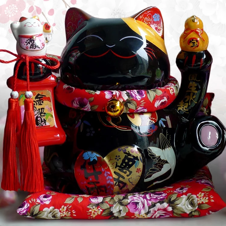 Черный Maneki Neko керамический счастливый кот с Lute украшения для домашнего декора