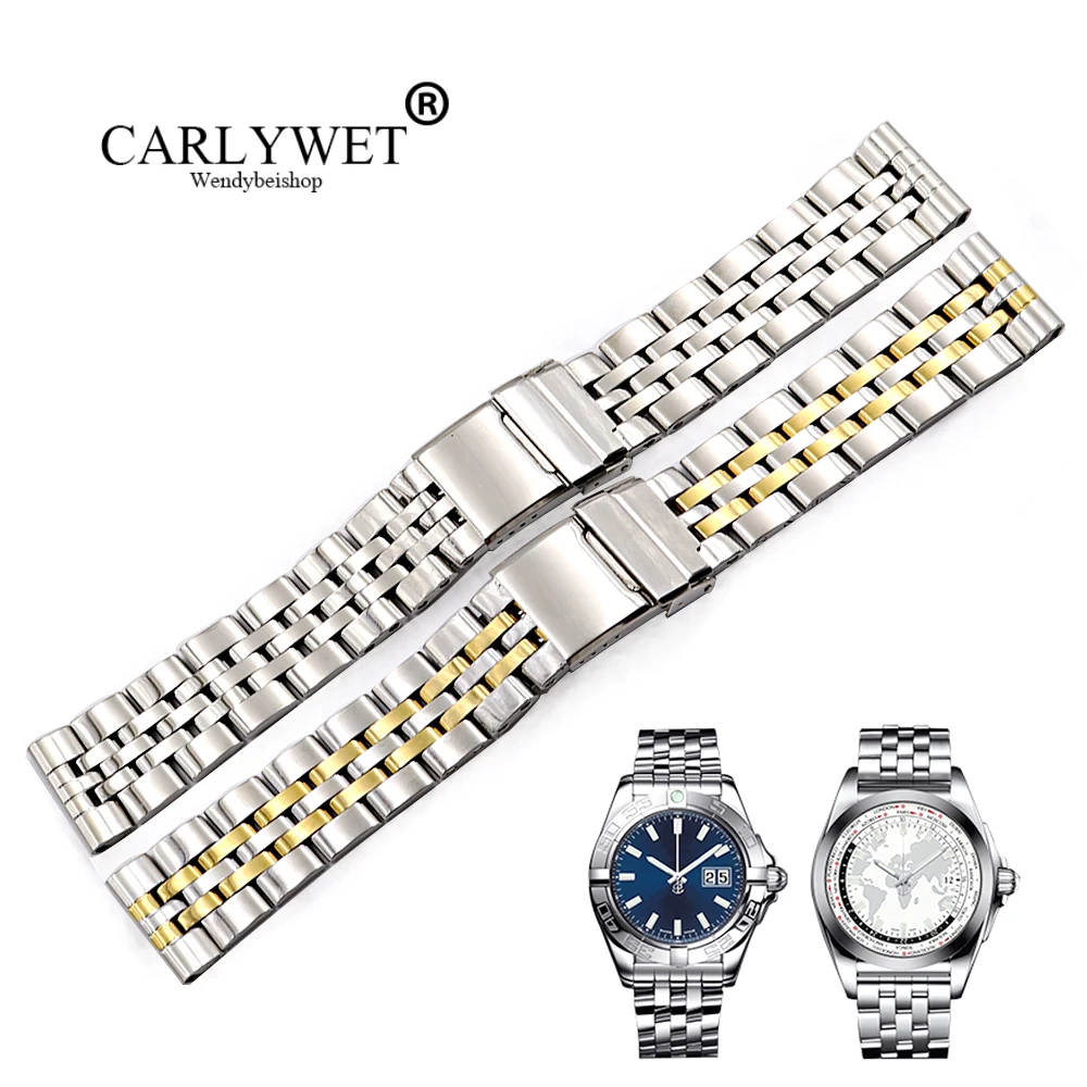 CARLYWET 22 24 мм Серебристые двухцветные золотые стальные Сменные наручные часы для
