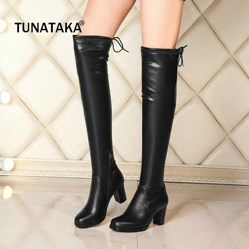 

Genuine Leather Square High Heel Zipper Woman Over The Knee Boots Fashion Lace Up Winter Thigh Boots Ladies Black
