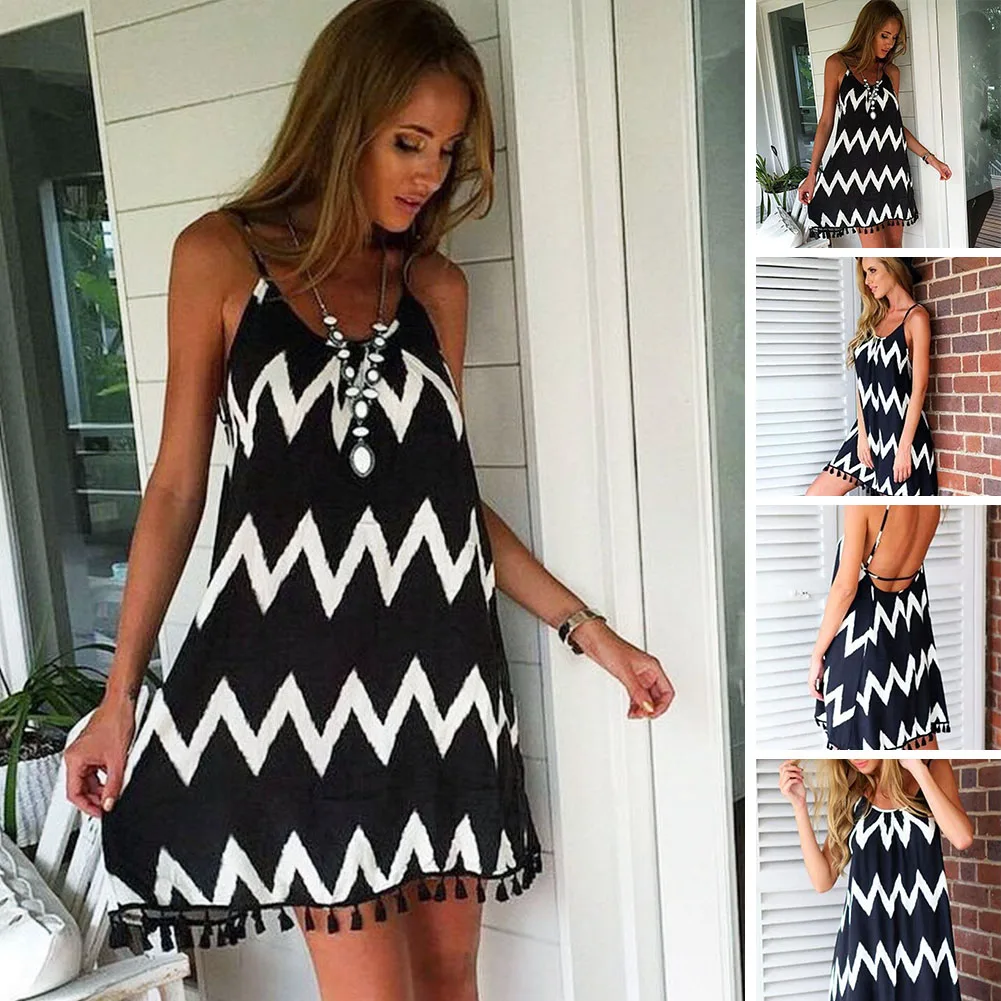 women Sexy Wavy stripe Loose dress backless stripe party club beach dress plus size with tassel women Sexy Wavy stripe Loose dress backless stripe party club beach dress plus size with tassel