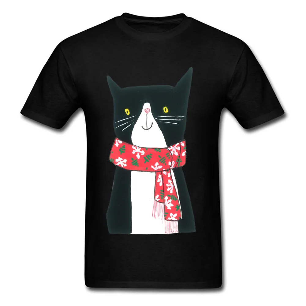 Cat With A Scarf All Cotton Tops Shirt for Men Leisure Top T-shirts Custom Discount O-Neck T-shirts Short Sleeve Cat With A Scarf black