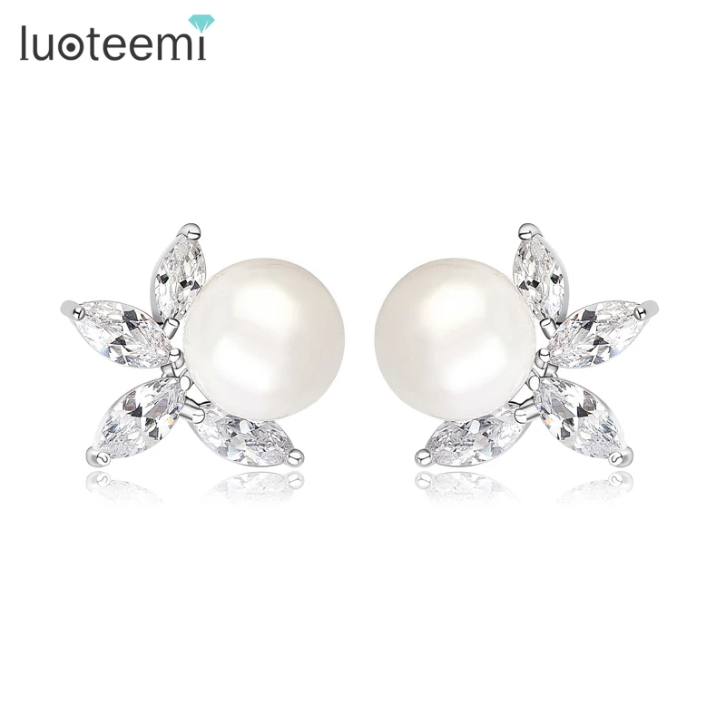 

LUOTEEMI Bridal Luxury AAA White Imitation Pearl Clear Cubic Zirconia Stud Earrings Fashion Wedding Jewelry for Bridesmaid Gift