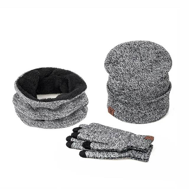 light gray Теплый комплект из 3 предметов, зимние шапки, шарф, перчатки для женщин и мужчин, толстые хлопковые зимние аксессуары, набор женских мужских шапок, шарф, перчатки - Цвет: light gray