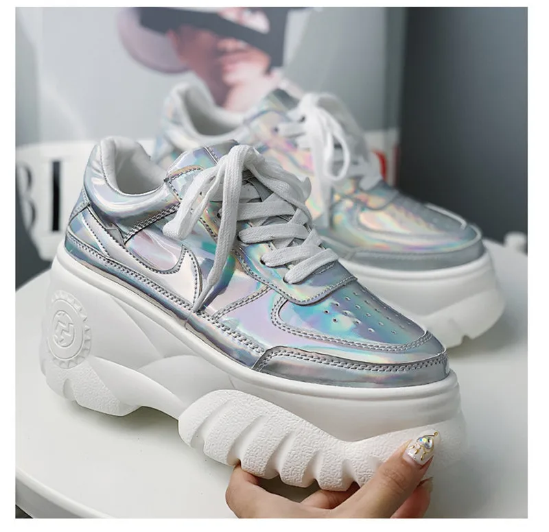 2019 Spring Women Pumps Beige Genuine Leather Girls High Heels Platform Sneaker Silver Laser Increased Casual Wedges Shoes Woman (5)