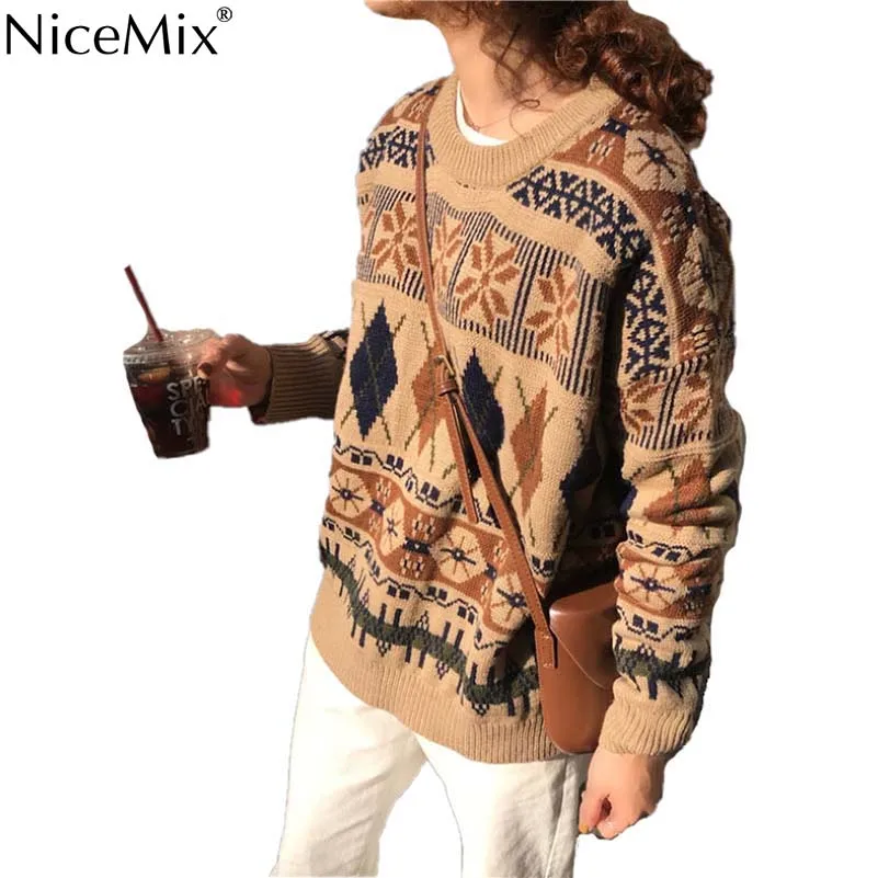 

NiceMix Autumn Harajuku Women Geometric Sweaters Casual Jumpers Winter Vintage Pullovers Korean Streetwear Pull Hiver Femme 2019