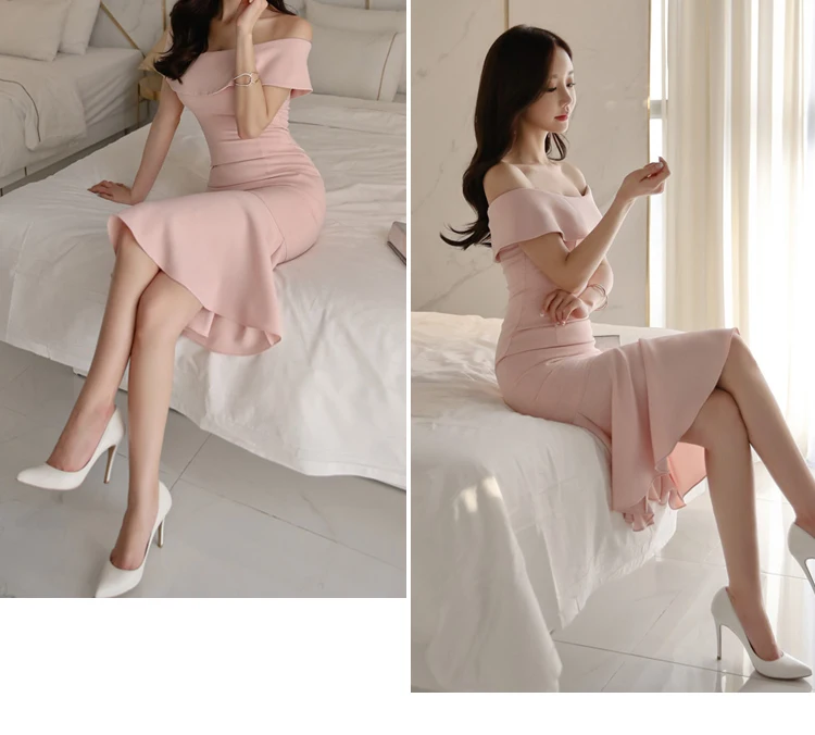 HAYBLST Брендовое элегантное женское платье новое летнее Сексуальное розовое платье с открытыми плечами модная одежда размера плюс корейское женское платье рыбий хвост