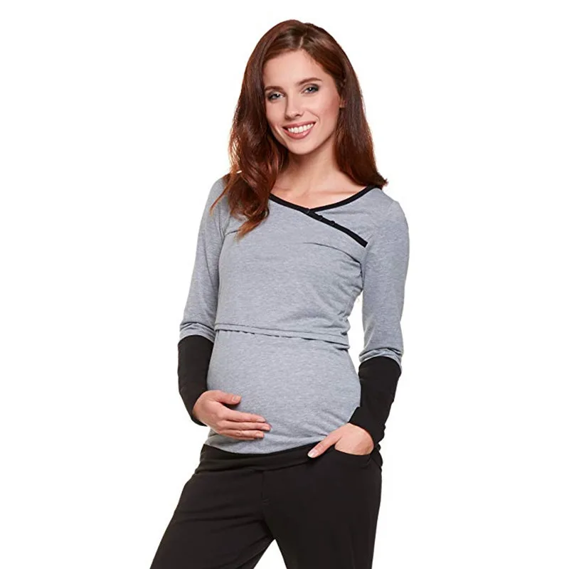 Sunbaby/ г. Зимняя модная полосатая разноцветная футболка с длинными рукавами для кормления грудью; Одежда для беременных женщин - Цвет: Gray