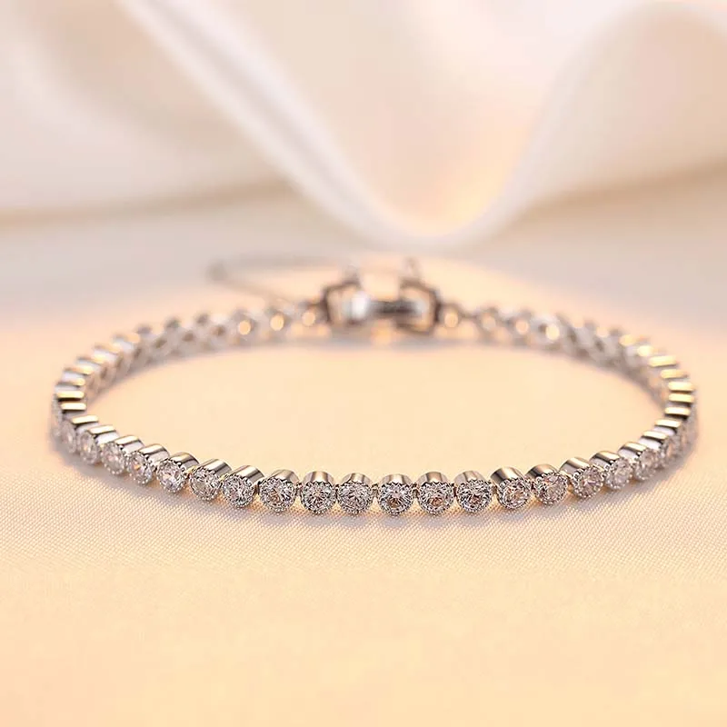 

Fashion S925 Silver Bracelets Clear Round Cubic Zirconia Female Bangles Jewelry AAA Zircon Stone Women Tennis Bracelet Gifts New