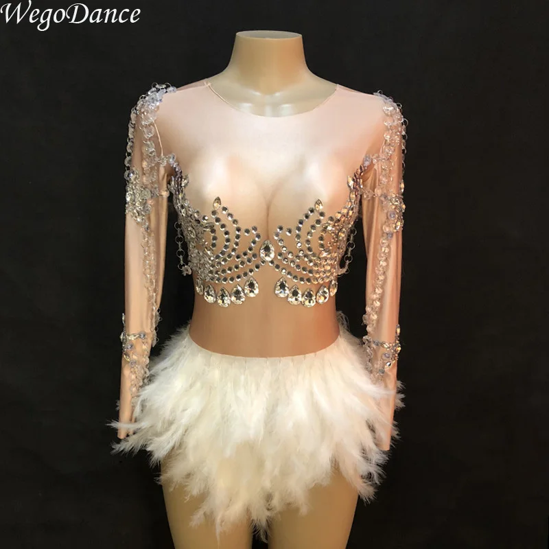 new woman Sparkling Crystals Jumpsuit White Feather dress Glass Costume Nightclub Party Sexy Skin Color Bodysuit Short new woman Sparkling Crystals Jumpsuit White Feather dress Glass Costume Nightclub Party Sexy Skin Color Bodysuit Short