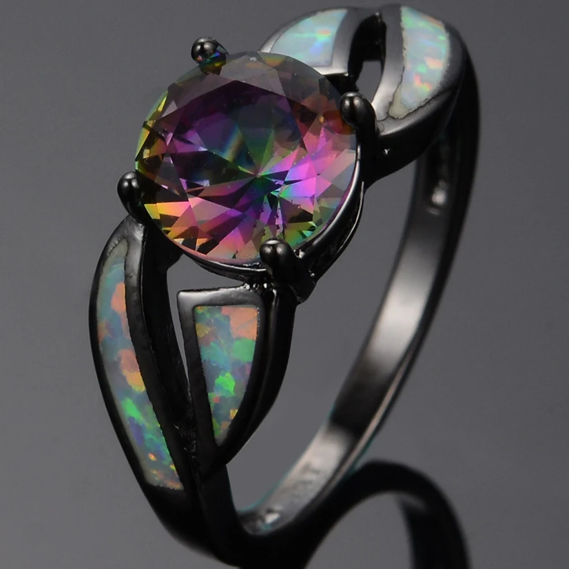 Classic Multicolor Engagement Wedding Rainbow Topaz Stone 10KT Black Gold Filled Rings Fashion White Fire Opal