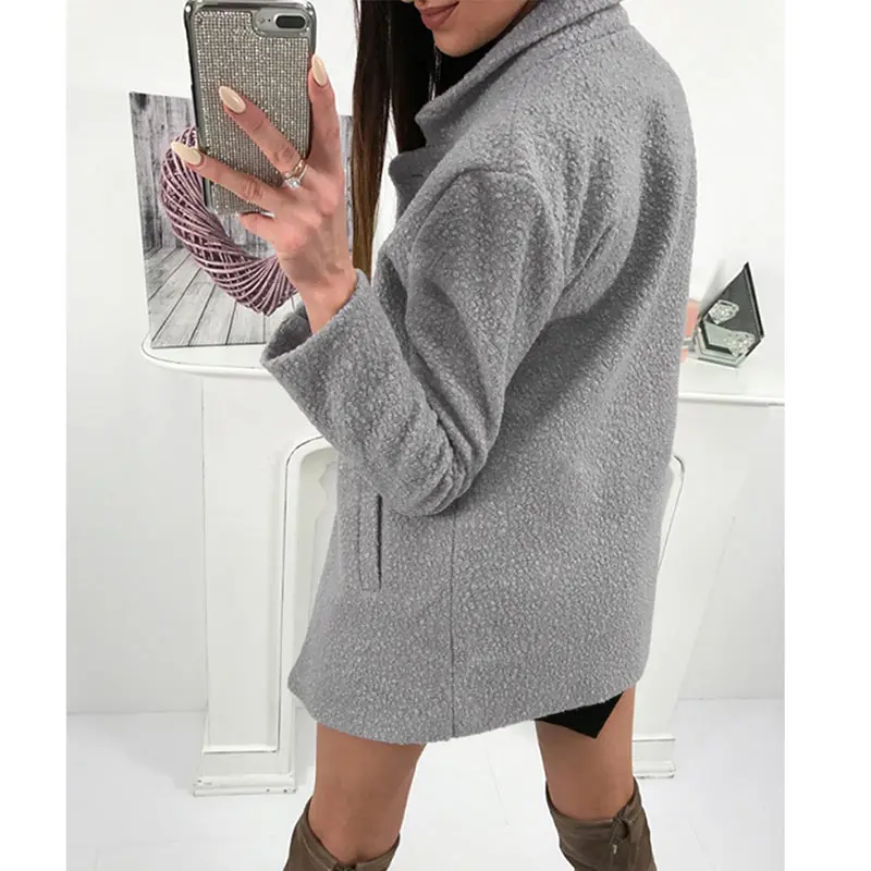 Women Winter Woolen Coat Autumn Casual Solid Color Long Sleeve Pocket Single-Breasted Suit Collar Pink Long Coat Abrigos Fashion (10)