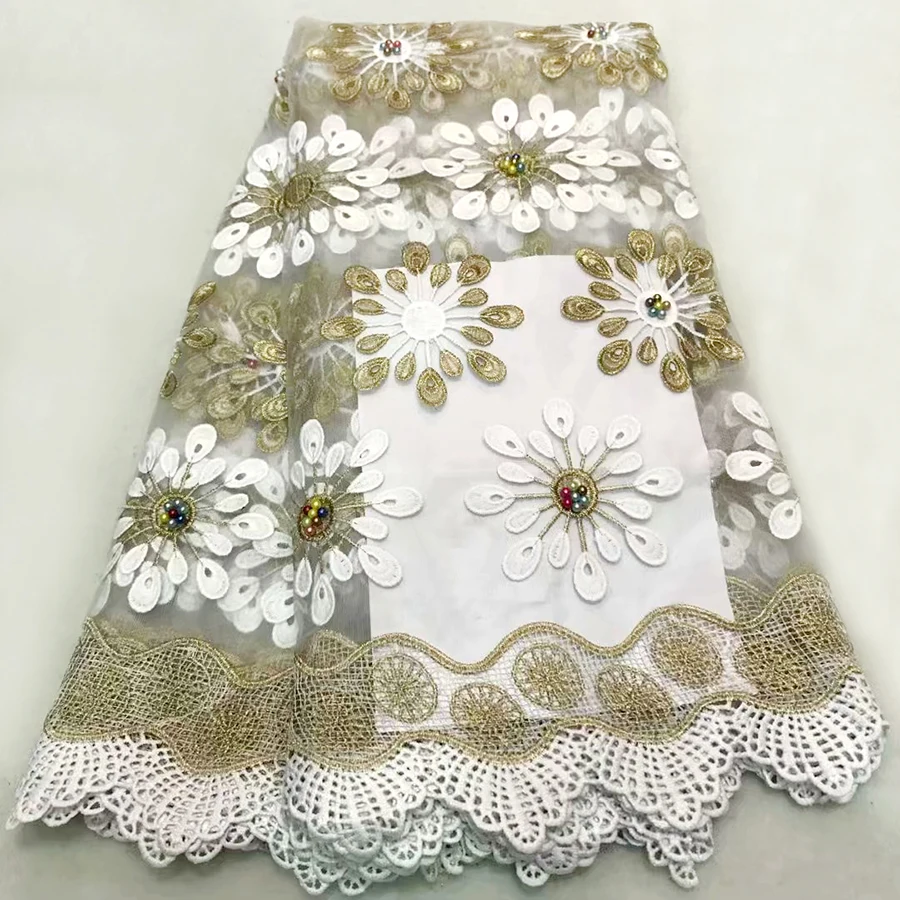 

White+Gold With Multicolor beads African French Lace Fabric High Quality African Tulle Lace with beads Fabric For Wedding dress