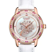 woman Mechanical watches Color diamond gem sapphire crystal Watch flowers Clock Ladies Automatic Female Leather Wrist Watches