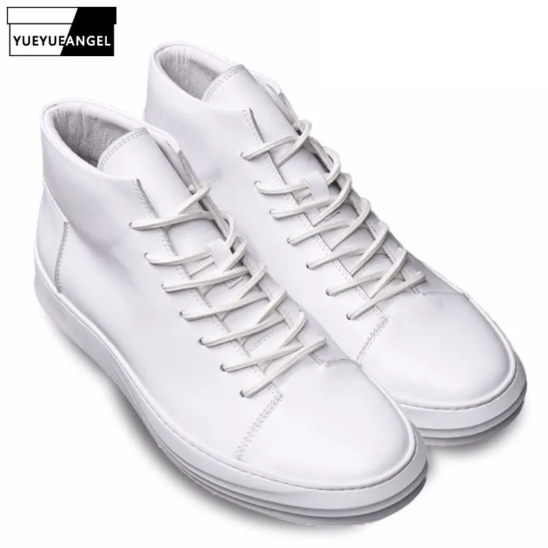 Best High Top Genuine Leather Flat Shoes Men Hip Hop Round Toe Platform Ankle Shoes Casual Lace Up Man Loafers Work Boots White Black