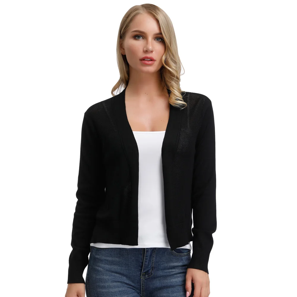 

casual elegant Women coat spring fall Long Sleeve Hollowed-out Open Front Knitwear solid color stretch slim jacket Cardigan Coat