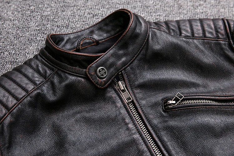 Vintage Leather Jacket Men 100% Genuine Cowhide Black Moto Biker Clothing Man Coat Boy Leather Coat Slim Autumn Asian Size M104 genuine leather shearling coats & jackets