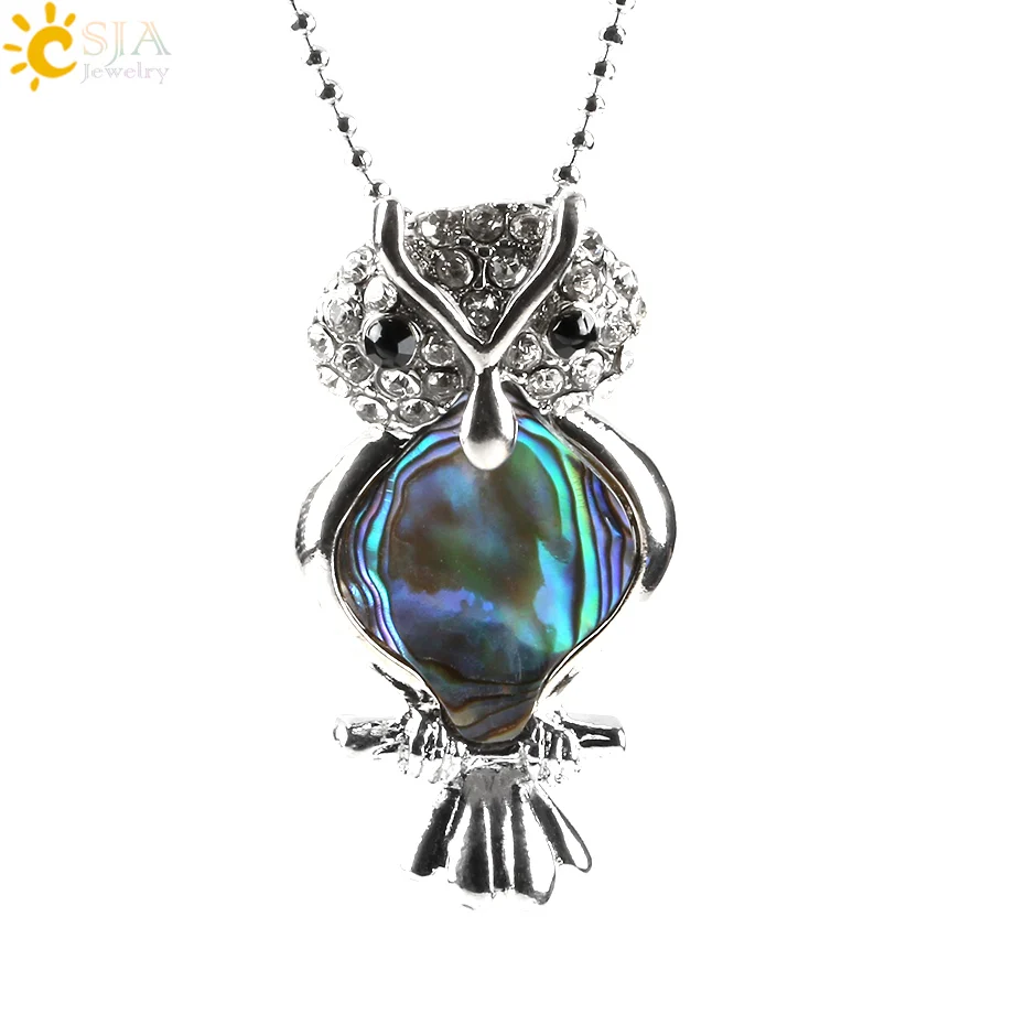

CSJA Animal Abalone Series Women Jewellery Necklace Standing Owl Shape Paua Shell Alloy Jewelry Rhinestone Bird Pendant E473