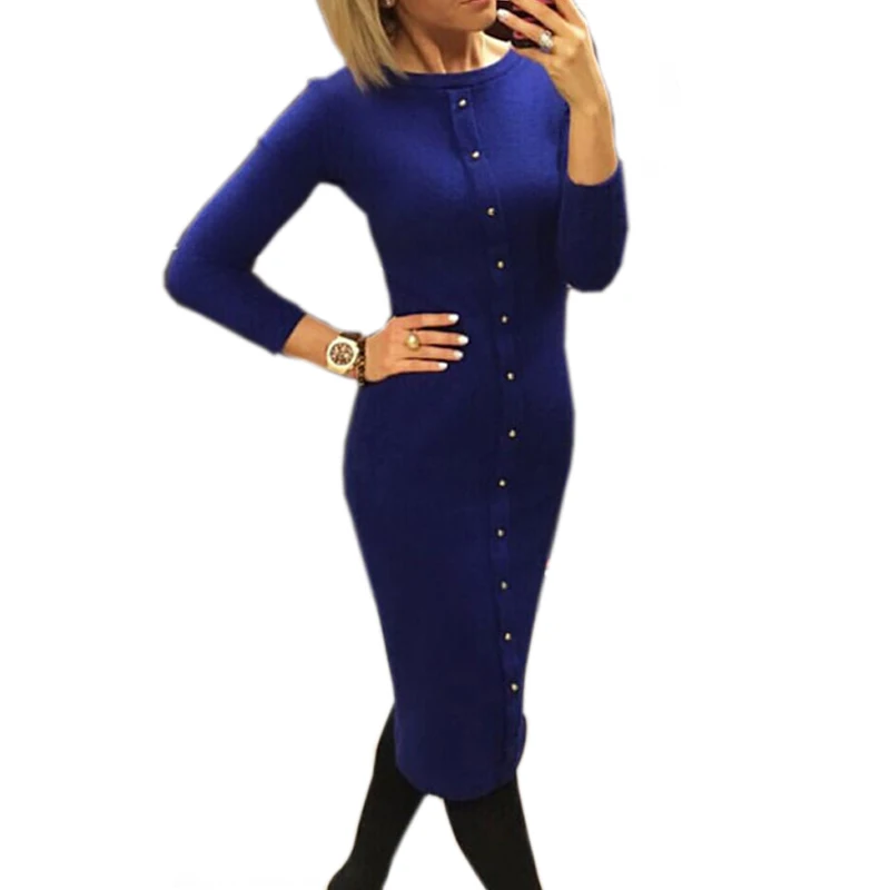 Autumn Winter 2016 Warm Women Knitted Knee Length O Neck Dresses Package Hip Sheath Bodycon Dress