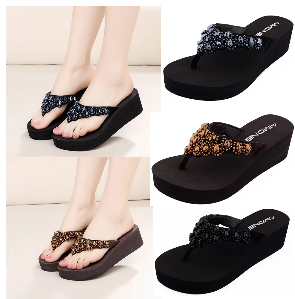AIMONE Women Slippers Casual New Rhinestone Beach Sandals Wedge