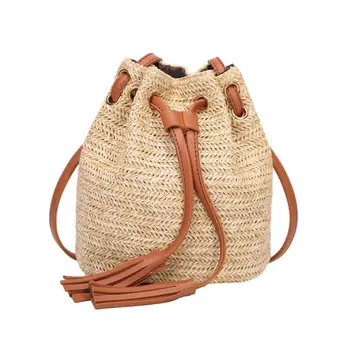 

High Quality New Casual Women Straw Drawstring Bag Summer Beach Woven Tassels Shoulder Bag Tote Crossbody Handbag