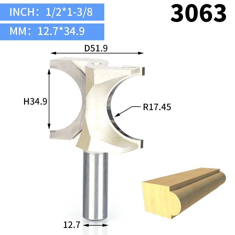 HUHAO 1pcs 1/2" Shank Half Round bit 2 flute endmill Router Bits for wood without bearing Woodworking Tool milling cutter - Длина режущей кромки: 3063