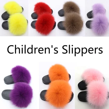 

COOLSA Children's Fur Slippers Indoor Warm Home Fluffy Fox Fur Slippers Girls PVC Flat Plush Sandals Kids Slippers Customizable