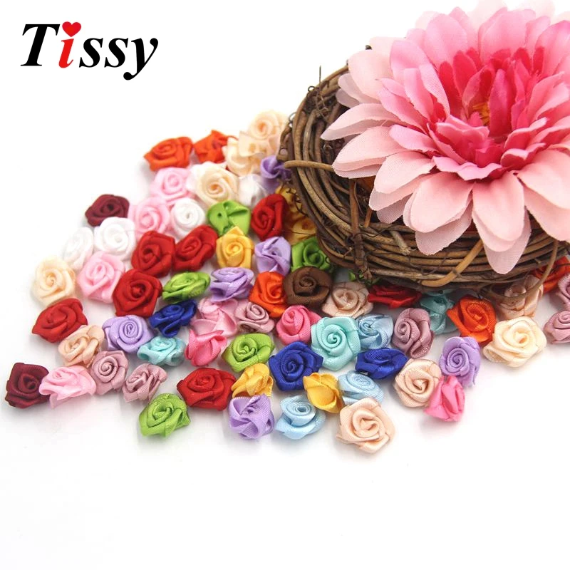 

100PCS/Lot Mini Handmade Satin Rose Ribbon Rosettes Fabric Flower Bow Appliques For Wedding Decoration Craft Sewing Accessories