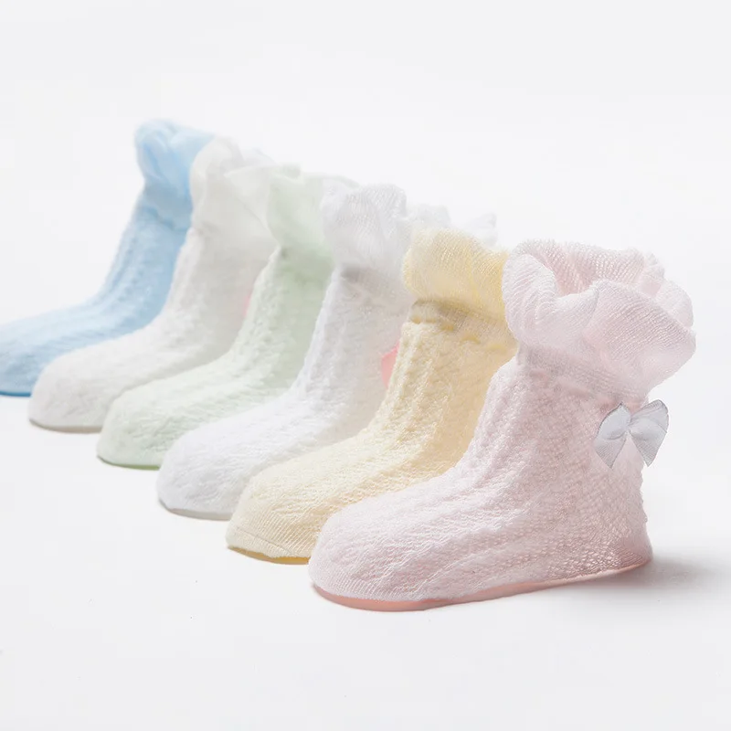 Новый корейский летом тонкие хлопковые детские носки рукава для маленьких девочек Носки для девочек Однотонная одежда Кружево бантом