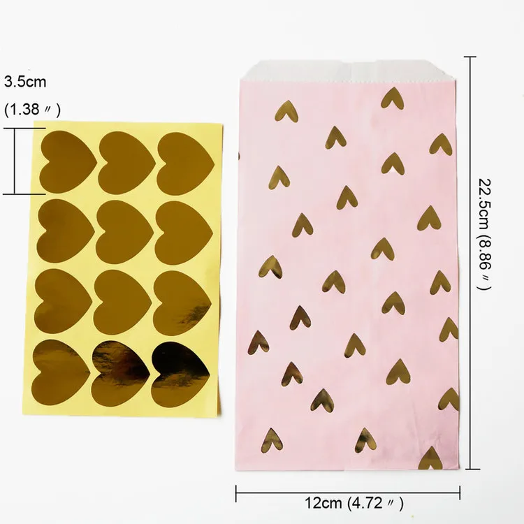Золотые Бронзовые бумажные сумки для свадебной вечеринки, подарочные сумки, маленькие подарочные мешки, бумажные конверты, сумки с сердечками, золотистые наклейки