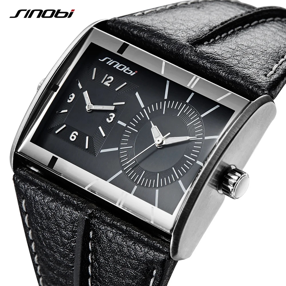 

SINOBI Men's Brand Multiple Time Zone Watch New Arrival Male Creative Leather Quartz Wristwatches Fashion Rectangle Clock