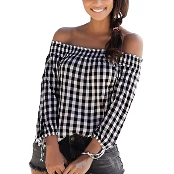

Plaid Large Size Tunic Shirt Sexy Women Off Shoulder Long Sleeve Blouse Casual Loose Plaid Tops Blouse camisa feminina