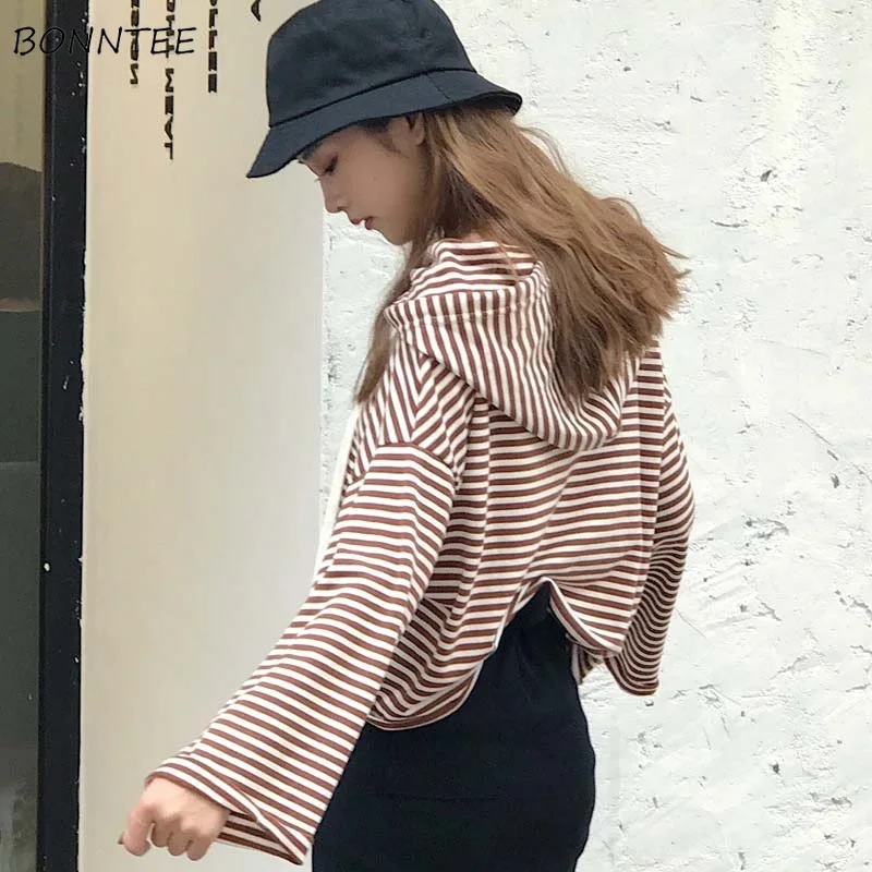 

Hoodies Women Striped Loose All-match Korean Style Retro Leisure Womens Simple Trendy Students High Quality Ladies Sweatshirts